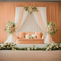 ai generiert ein Hochzeit Bühne mit Orange und Weiß Blumen foto