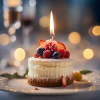 ai generiert ein klein Kuchen mit Beeren und ein Kerze foto