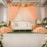 ai generiert ein elegant Hochzeit Zeremonie mit Orange und Weiß Blumen foto