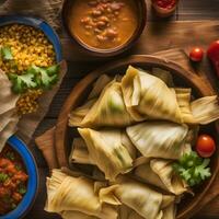 ai generiert Mexikaner Essen Tamales und Mais auf das Cob foto