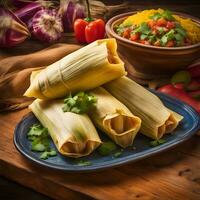 ai generiert Mexikaner Tamales auf ein Blau Teller mit Gemüse foto