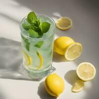 ai generiert ein Glas von Limonade mit Minze Blätter und Zitronen foto