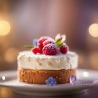 ai generiert ein Dessert auf ein Teller mit Himbeeren foto