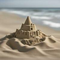 ai generiert Sand Schloss auf das Strand foto