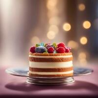 ai generiert ein Kuchen mit Beeren auf oben auf ein Teller foto