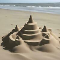 ai generiert Sand Schloss auf das Strand foto