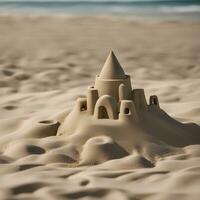 ai generiert ein Sand Schloss ist gezeigt auf das Strand foto