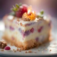 ai generiert ein Stück von Kuchen mit Beeren und Nüsse auf oben foto