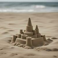 ai generiert ein Sand Schloss ist gezeigt auf das Strand foto