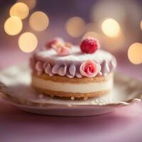 ai generiert ein klein Kuchen mit Rosa Glasur auf ein Teller foto