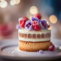 ai generiert ein klein Kuchen mit Himbeeren und Sahne auf ein Teller foto