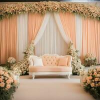 ai generiert ein Hochzeit Bühne dekoriert mit Blumen und Weiß Liegen foto