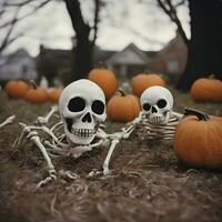 ai generiert ein Gruppe von Skelette und Kürbisse im das Gras foto