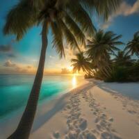 ai generiert ein Strand mit Palme Bäume und Fußabdrücke beim Sonnenuntergang foto