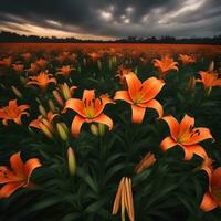 ai generiert Orange Lilien im ein Feld unter ein wolkig Himmel foto