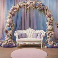 ai generiert ein Weiß Couch mit ein Blumen- Bogen und Blau Vorhänge foto
