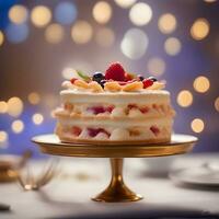 ai generiert ein Kuchen mit Beeren auf oben auf ein Gold Teller foto