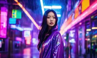 ai generiert schön asiatisch Frau im lila Regenjacke Gehen im das Stadt. ai generativ foto