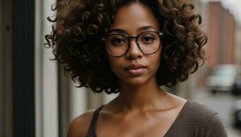 ai generiert Porträt von ein schön jung afrikanisch amerikanisch Frau im Brille draußen. ai generativ foto