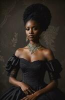 ai generiert schön afrikanisch amerikanisch Frau tragen schwarz Kleid und Schmuck. ai generativ. ai generativ foto