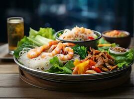 ai generiert miang thailändisch Essen Stil ein Teller mit Garnele, Gemüse und Glas Nudel foto