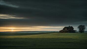 ai generiert ein Bauernhaus im das Mitte von ein Feld beim Sonnenuntergang foto