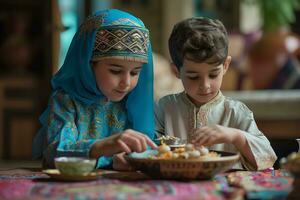 ai generiert ein jung Junge und ein jung Frau Essen iftar im Arabisch Kleider während Ramadan ai generativ foto