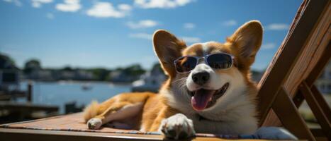 ai generiert bezaubernd und komisch Corgi ruhen im ein sonnig Stelle, mit es ist Zunge aus und Augen voll von Glück. foto