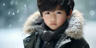 ai generiert Nahansicht von ein jung asiatisch Junge im Winter Kleidung. ai generativ. foto