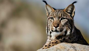 ai generiert ein Luchs ist Sitzung auf ein Felsen foto