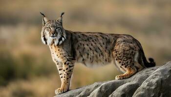 ai generiert ein Luchs ist Stehen auf oben von ein Felsen foto