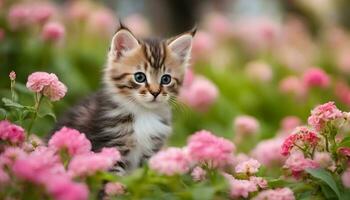 ai generiert ein Kätzchen ist Sitzung im ein Feld von Rosa Blumen foto