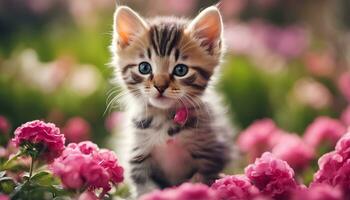 ai generiert ein Kätzchen ist Stehen im ein Feld von Rosa Blumen foto