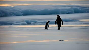 ai generiert zwei Pinguine Gehen auf das Eis im Vorderseite von ein Sonnenuntergang foto