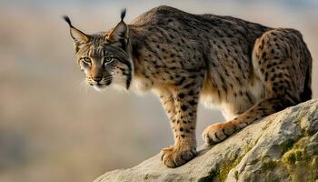 ai generiert ein Luchs ist Stehen auf oben von ein Felsen foto