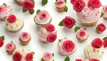 ai generiert viele Cupcakes mit Rosa Rosen auf oben foto