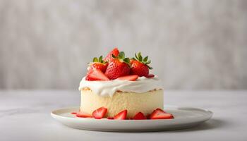 ai generiert ein klein Kuchen mit Erdbeeren auf oben foto