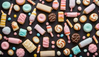 ai generiert viele anders Arten von Kekse und Süßigkeiten auf ein schwarz Hintergrund foto