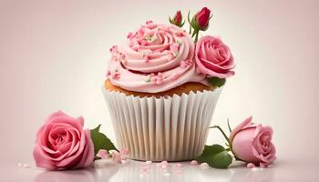 ai generiert Cupcake mit Rosa Rosen auf ein Rosa Hintergrund foto