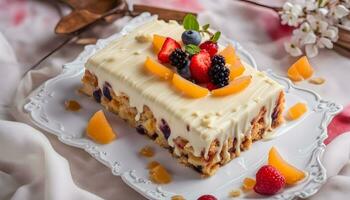 ai generiert ein Stück von Kuchen mit Obst auf oben foto