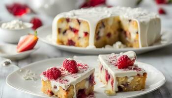 ai generiert ein Stück von Kuchen mit Himbeeren und Kokosnuss foto