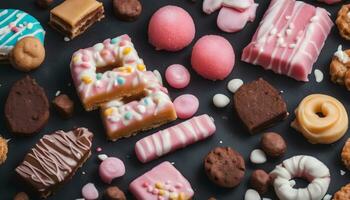 ai generiert verschiedene Typen von Süßigkeiten auf ein schwarz Hintergrund foto
