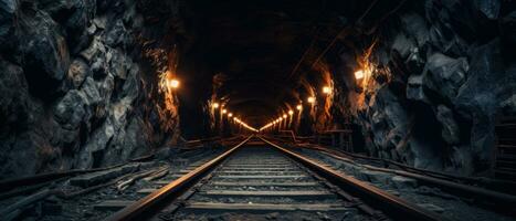 ai generiert Sonnenuntergang leuchten ein Eisenbahn Tunnel. ai generativ. foto