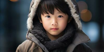 ai generiert Nahansicht von ein jung asiatisch Junge im Winter Kleidung. ai generativ. foto