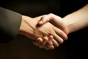 ai generiert stark freundlich Partnerschaft Geschäft Handschlag von zwei männlich Hände, dunkel Hintergrund isolieren. foto
