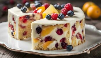 ai generiert ein Kuchen mit Obst auf oben und ein Scheibe fehlt foto