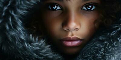 ai generiert Nahansicht von ein jung schwarz Mädchen im ein luxuriös Pelz mit Kapuze Mantel. ai generativ. foto