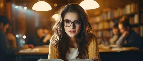 ai generiert Frau im Brille absorbiert im ein Buch beim ein Bibliothek Schreibtisch. ai generativ. foto