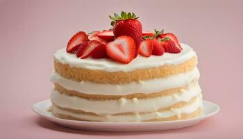 ai generiert ein Kuchen mit Weiß Glasur und Erdbeeren auf oben foto