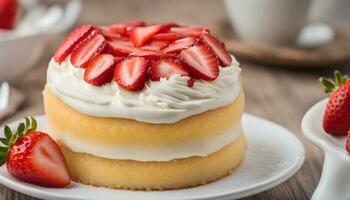 ai generiert ein Kuchen mit Erdbeeren auf oben und ein Tasse von Kaffee foto